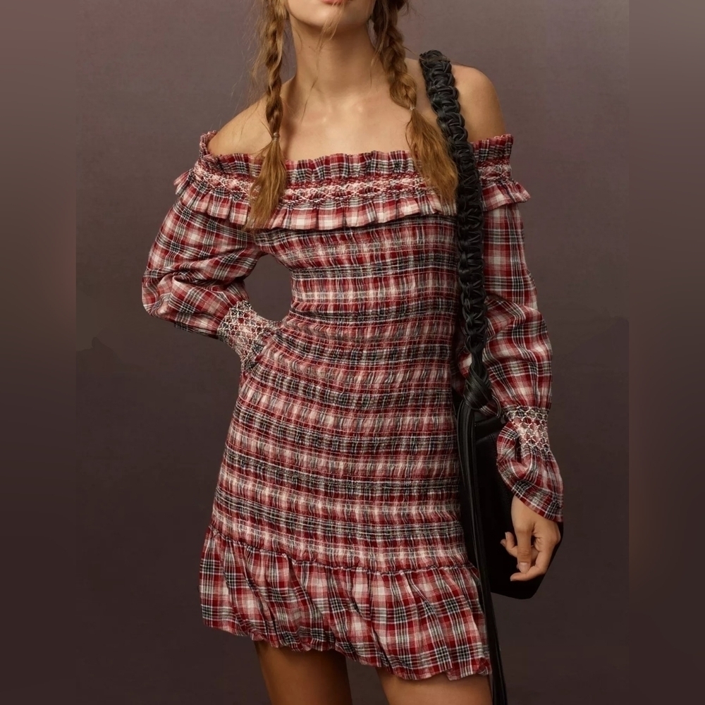 Women's Pilcro by Anthropologie Smocked Plaid Mini Dress in Red Motif LARGE